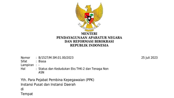 Surat Edaran Menteri PAN-RB Nomor B/1527/M.SM.01.00/2023 Perihal Status dan Kedudukan Eks. THK-2 dan Non ASN