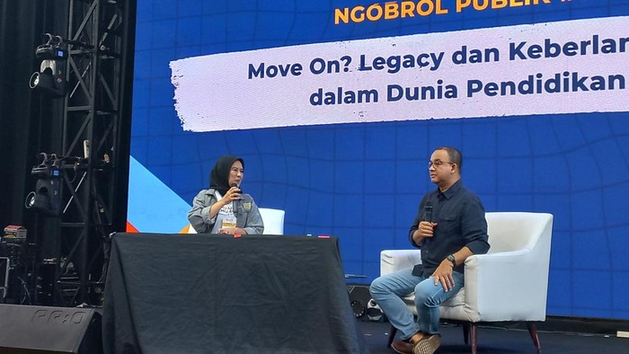 Anies Baswedan dalam acara Belajaraya 2023 di Pos Bloc, Jakarta Pusat, Sabtu (29/7/2023). Anies menilai pendidikan hanya dijadikan sebagai program, bukan gerakan.