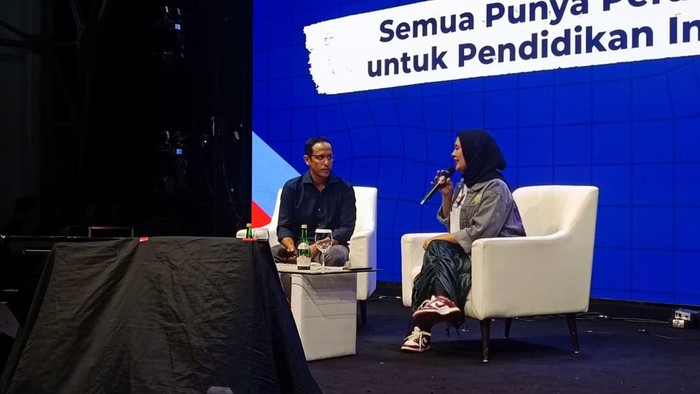Menteri Nadiem Makarim di acara BelajaRaya 2023, di Pos Bloc, Jakarta Pusat, Sabtu (29/7/2023).
