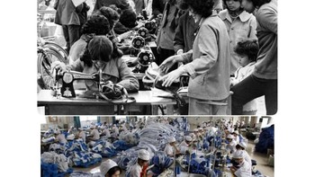 Dulu tahun 1982 dan sekarang bagaimana para buruh wanita bekerja di pabrik pakaian. (Foto: Reuters)  