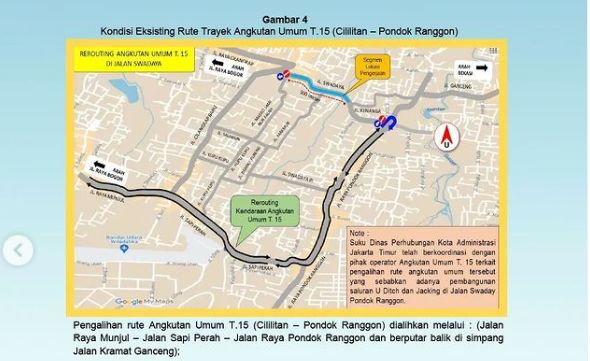 Rekayasa lalin imbas proyek saluran air sepanjang 358,9 meter di Jalan Swadaya, Kelurahan Pondok Ranggon, Jakarta Timur (Dok. instagram @kotajakartatimur).