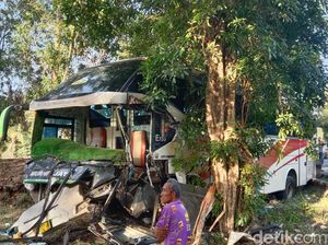 Hindari Kendaraan, Bus Murni Jaya Ringsek Tabrak Pohon di Bayan Purworejo