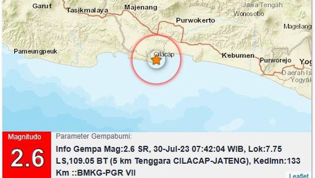 Gempa bumi M 2,6 di Cilacap, Minggu (30/7/2023).