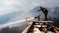 Mobil Damkar hilir mudik untuk menjinakkan api yang terus berkobar di hutan tersebut. 