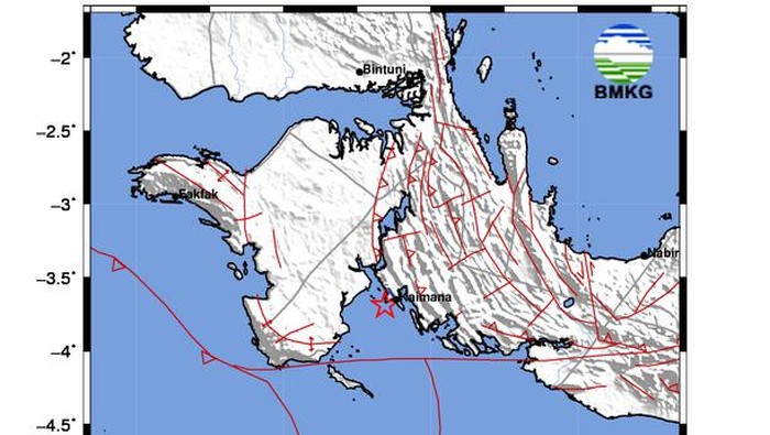 Gempa bumi berkekuatan magnitudo (M) 3,1 mengguncang Kabupaten Kaimana, Papua Barat. Gempa dilaporkan berpusat di laut.