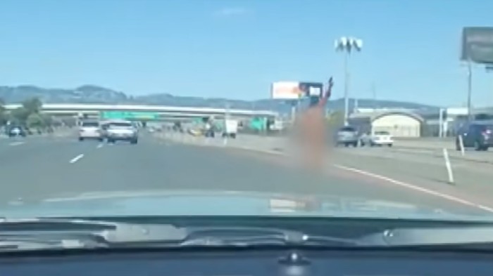 Wanita tanpa busana tembaki mobil di jalan raya.