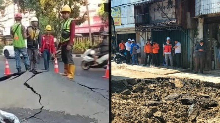 Aspal di Jalan Pasar Kembang Surabaya tiba-tiba meletek atau merekah hingga membentuk gunungan setinggi hampir 1 meter