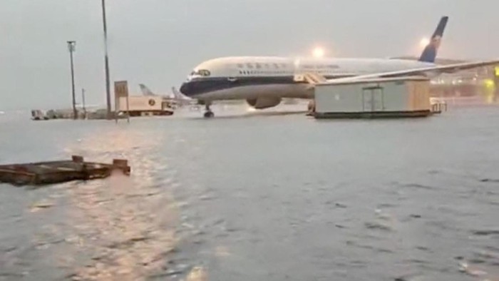 A general view of flooding in Beijing Daxing International Airport, in the aftermath of Typhoon Doksuri, in Beijing, China, in this screen grab taken from a video released on July 31, 2023. Video obtained by REUTERS THIS IMAGE HAS BEEN SUPPLIED BY A THIRD PARTY. NO RESALES. NO ARCHIVES.