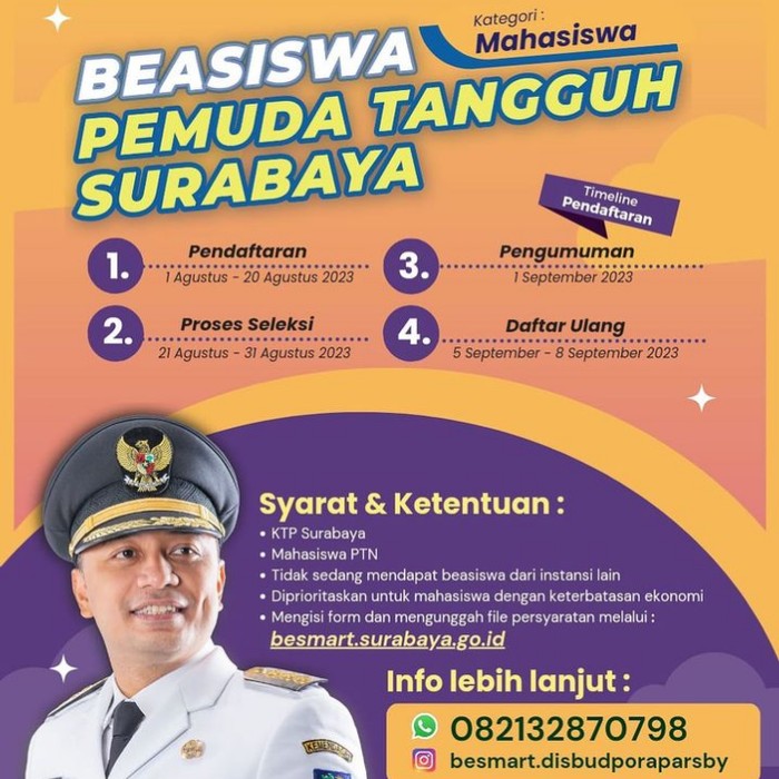 Ada kabar gembira bagi mahasiswa ber-KTP Surabaya yang sedang kuliah di Perguruan Tinggi Negeri (PTN). Pendaftaran Beasiswa Pemuda Tangguh Surabaya untuk mahasiswa kembali dibuka.