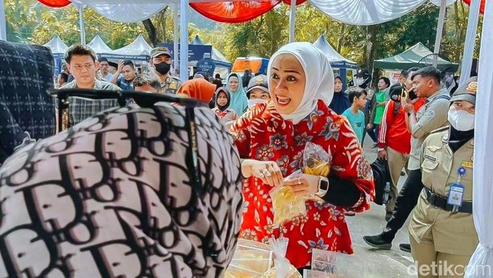 Bupati Karawang Cellica Nurrachadiana saat meninjau pameran UMKM di Kecamatan Tegalwaru