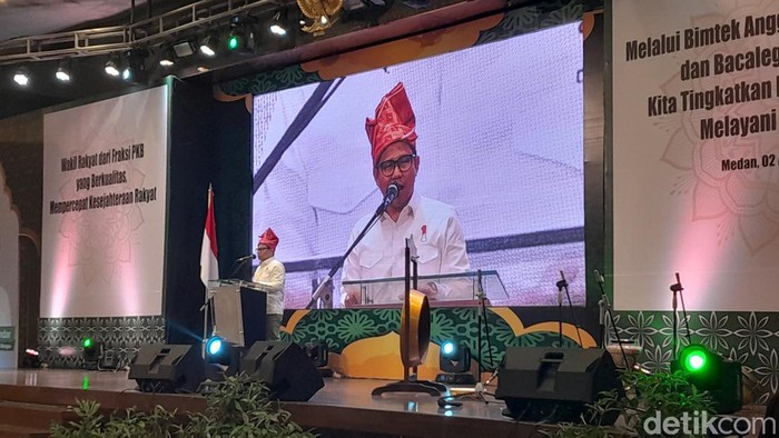 Ketum PKB Muhaimin Iskandar atau Cak Imin dalam acara bimtek caleg PKB di Medan.