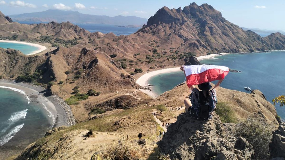 Pemandangan spektakuler dari puncak bukit Pulau Padar, menampilkan tiga teluk dengan pasir berwarna-warni