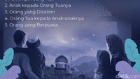 Menurut buku Doa-doa Khusus Wanita yang ditulis oleh Amirulloh Syarbini, doa mereka pasti langsung diijabah oleh Allah SWT. Beberapa di antaranya adalah sebagai berikut:1. Pemimpin yang adil 2. Anak kepada orang tuanya3. Orang yang dizalimi4. Orang tua kepada anaknya5. Orang yang berpuasa 