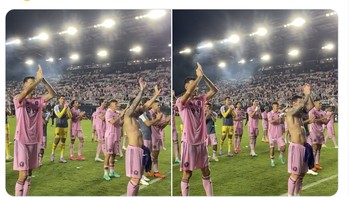 Messi dan rekan setimnya bertepuk tangan tanda respek pada suporter Inter Miami, sesuatu yang jarang ia lakukan saat di PSG. Foto: Twitter