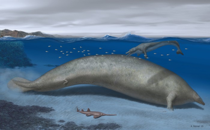 Perucetus colossus, an early whale from Peru that lived about 38-40 million years ago, a marine mammal built somewhat like a manatee that may have exceeded the mass of the blue whale, long considered the heftiest animal on record, is seen in an undated artists rendition. Also pictured are a sawfish and another early whale, Supayacetus. Alberto Gennari/Handout via REUTERS    THIS IMAGE HAS BEEN SUPPLIED BY A THIRD PARTY NO RESALES. NO ARCHIVES