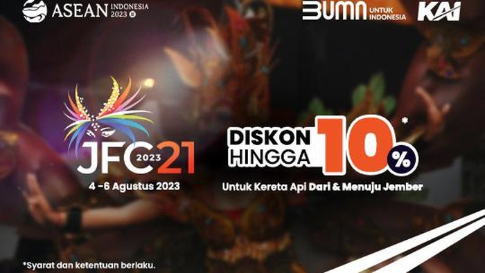 Jember Fashion Carnaval (JFC) 2023 akan digelar 4-6 Agustus mendatang. Ada promo tiket kereta api nih Rek, khusus keberangkatan dari dan menuju Stasiun Jember.