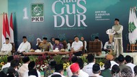 Ketua Umum Partai Kebangkitan Bangsa (PKB) Abdul Muhaimin Iskandar alias Cak Imin saat memberikan sambutan saat acara Haul Gus Dur di Kantor DPP PKB, Jakarta, Jumat (4/8/2023). 