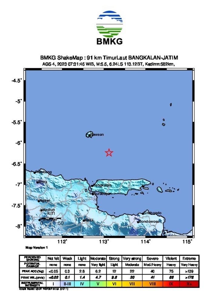 Gempa M 5,5 terjadi di wilayah Laut Jawa, Bangkalan, Jatim. BMKG menyampaikan analisis terkait gempa tektonik tersebut. (dok BMKG)