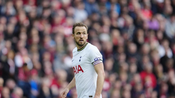 Tottenhams Harry Kane looks on during an English Premier League soccer match between Liverpool and Tottenham Hotspur at Anfield stadium in Liverpool, Sunday, April 30, 2023. (AP Photo/Jon Super)