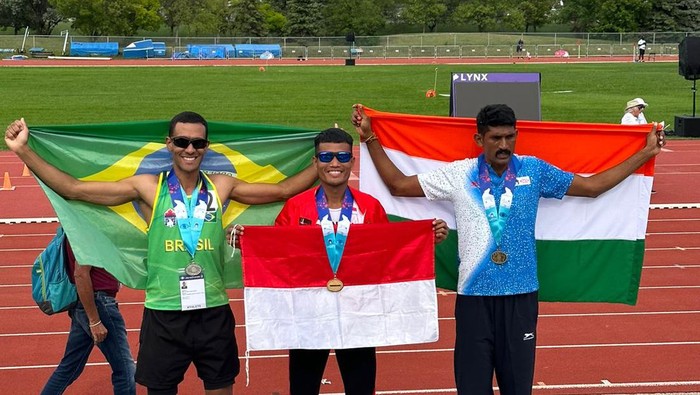 Bripka Desjan meraih medali emas di Cabor sprint 800 meter pada Kejuaraan World Police and Fire Games 2023 di Kanada.( Dok Bripka Desjan).