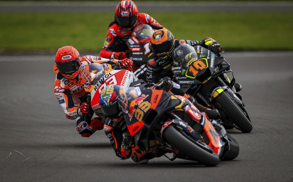 Repsol Honda Team's Marc Marquez, left,  during Free Practice One ahead of the British Grand Prix 2023 at Silverstone, England, Friday Aug. 4, 2023. (Bradley Collyer/PA via AP)