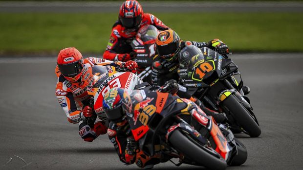 Repsol Honda Team's Marc Marquez, left,  during Free Practice One ahead of the British Grand Prix 2023 at Silverstone, England, Friday Aug. 4, 2023. (Bradley Collyer/PA via AP)