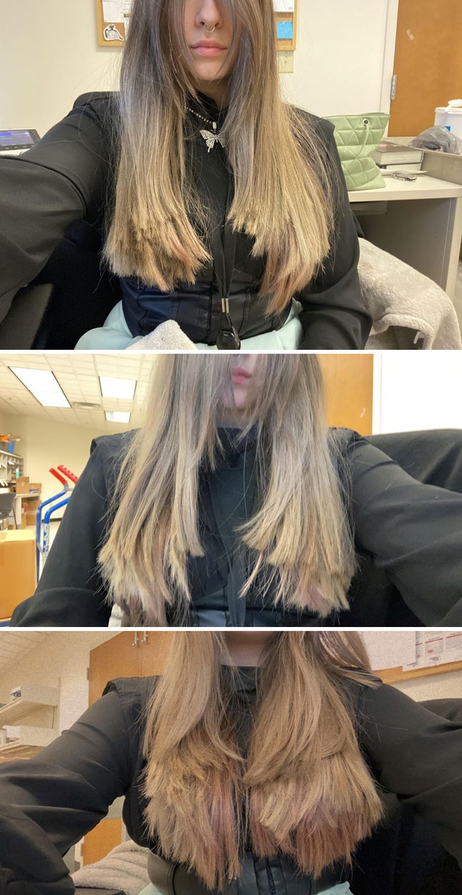 Wanita ini minta rambutnya dipotong dengan gaya layering, tapi potongannya berantakan, bukan terlihat seperti hasil karya penata rias tapi anak kecil yang bermain-main dengan gunting. Foto: Dok. Reddit