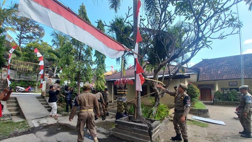 Disdikpora Buleleng bersama Satpol PP membongkar pagar bambu yang dipasang oleh oknum yang mengeklaim lahan SDN 2 Sambangan, Sabtu (5/8/2023).
