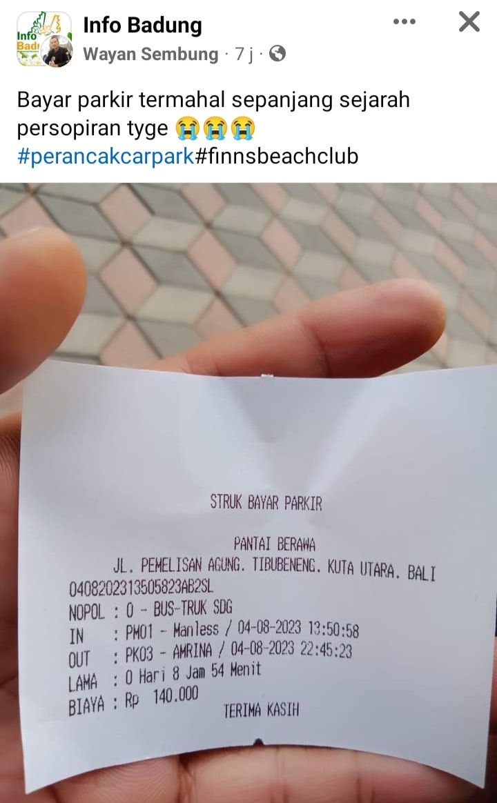 Struk parkir yang dikeluhkan sopir pariwisata di kawasan Berawa, Kecamatan Kuta Utara, Badung, baru-baru ini.
