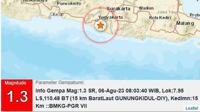Gempa darat M 1,3 guncang Gunungkidul, Minggu (6/8/2023).