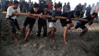 Sejumlah warga berusaha mengendalikan bambu saat atraksi bambu gila di objek wisata Pantai Tobololo, Kota Ternate, Maluku Utara, Minggu (6/8/2023). 
