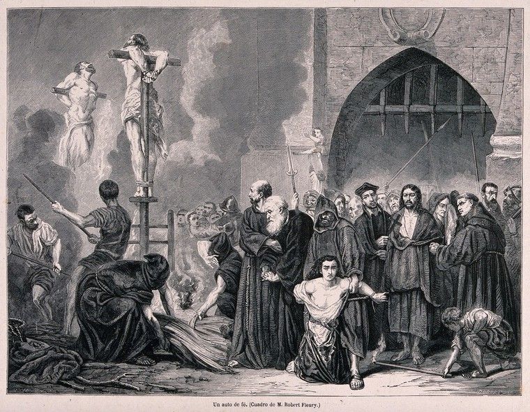 Auto-da-fe dari Inkuisisi Spanyol: Hukuman pembakaran orang-orang yang dianggap menyimpang digelar di pasar. Karya ukir kayo oleh H.D. Linton setelah Bocourt setelah T Robert-Fleury, 1800-1899. (Public Domain via Wellcome Collection)