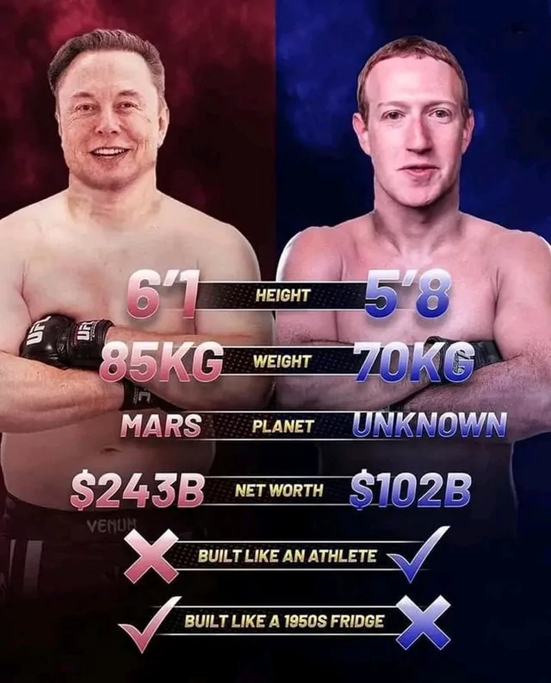 Jelang laga Elon Musk vs Mark Zuckerberg, meme keduanya bertebaran di internet. Ayo detikers, tentukan pilihanmu sekarang juga!