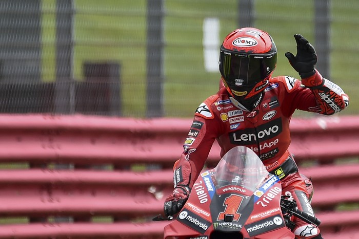 Second placed Italian rider Francesco Bagnaia of the Ducati Lenovo Team celebrates after the MotoGP race of the British Motorcycle Grand Prix at the Silverstone racetrack, in Silverstone, England, Sunday, Aug. 6, 2023. (AP Photo/Rui Vieira)