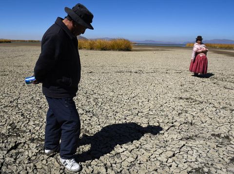 Gabriel Flores dan Isabel Apaza berjalan di tempat tidur yang kering dan retak di dekat tepi Danau Titicaca pada musim kemarau di Huarina, Bolivia 3 Agustus 2023. (REUTERS/Claudia Morales)