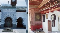 Jam Al-Qarawiyyin, terletak di sebuah ruangan di menara Masjid Qarawiyyin, Fez, Maroko. Jam air ini dibuat oleh Ibn al-Habbak al-Tilimsani yang dioperasikan dengan tuas dan tali kemudian dilengkapi dengan jaringan Astrolabe untuk membantu melacak bintang. Foto: Muslim Heritage