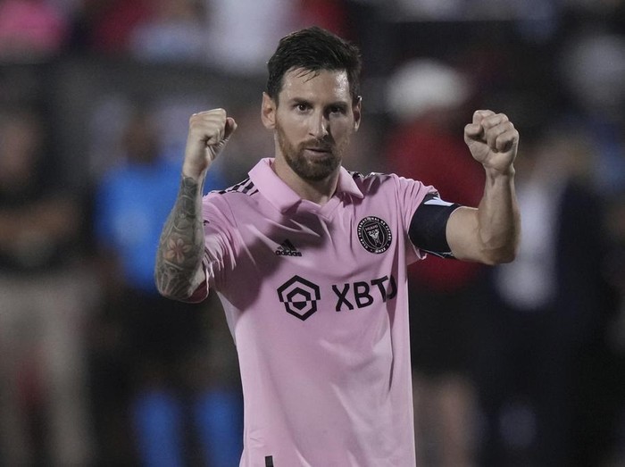 Inter Miami forward Lionel Messi celebrates a score during penalty kicks in the teams Leagues Cup soccer match against FC Dallas on Sunday, Aug. 6, 2023, in Frisco, Texas. (AP Photo/LM Otero)