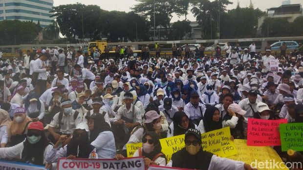 Massa tenaga honorer lintas profesi demo di depan Gedung DPR. Mereka meminta diangkat menjadi ASN tanpa harus tes. (Kurniawan Fadhilah/detikcom)