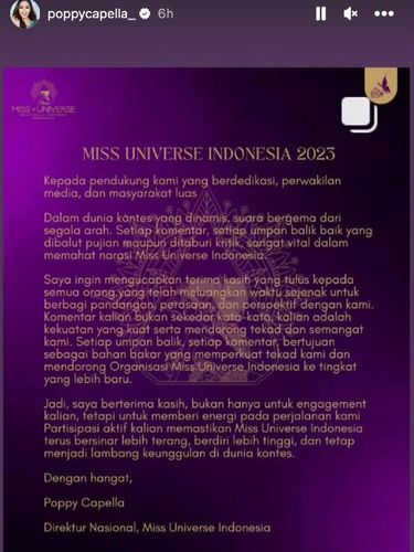 Pernyataan Direktur Miss Universe Indonesia Poppy Capella Pernyataan Direktur Miss Universe Indonesia Poppy Capella