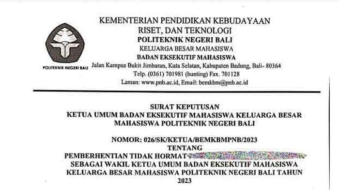 Politeknik Negeri Bali (PNB) memberhentikan secara tidak hormat Wakil Ketua Umum BEM 2023 berinisial PMDD atas kasus dugaan kekerasan seksual. (Tangkapan layar)