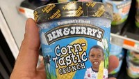Sebuah produk es krim menghadirkan es dengan rasa jagung. Berdasarkan klaim pada labelnya, di dalamnya terdapat bulir jagung utuh. Foto: Bored Panda