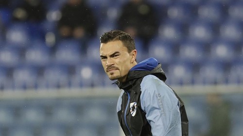 Sampdorias goalkeeper Emil Audero stands on the pitch prior to the start of a Serie A soccer match between Sampdoria and Udinese, at the Luigi Ferraris stadium in Genoa, Italy, Sunday, Nov. 24, 2019. (AP Photo/Luca Bruno)