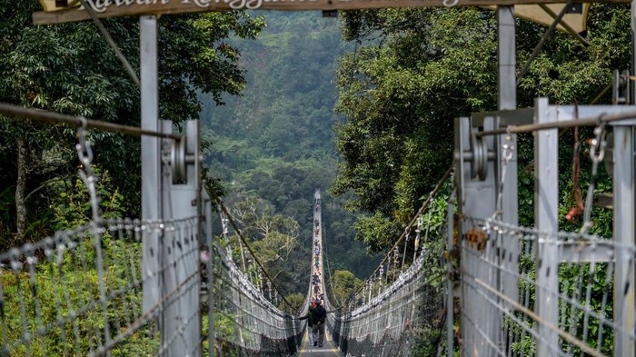 Pengunjung menyeberangi jembatan gantung rengganis di Patengan, Rancabali, Kabupaten Bandung, Jawa Barat, Selasa (8/8/2023). Jembatan Gantung Rengganis yang memiliki panjang mencapai 370 meter, lebar dua meter serta berada di ketinggian 150 meter dari tanah tersebut merupakan jembatan gantung terpanjang di Asia Tenggara. ANTARA FOTO/Raisan Al Farisi/hp.