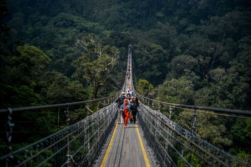Pengunjung menyeberangi jembatan gantung rengganis di Patengan, Rancabali, Kabupaten Bandung, Jawa Barat, Selasa (8/8/2023). Jembatan Gantung Rengganis yang memiliki panjang mencapai 370 meter, lebar dua meter serta berada di ketinggian 150 meter dari tanah tersebut merupakan jembatan gantung terpanjang di Asia Tenggara. ANTARA FOTO/Raisan Al Farisi/hp.