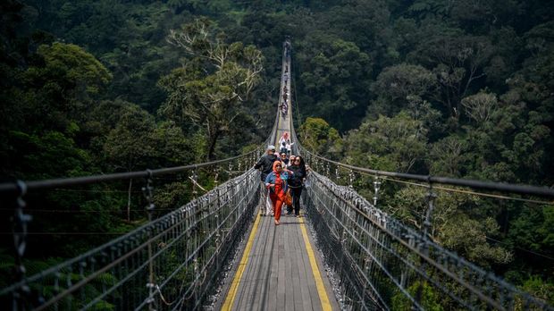 Pengunjung menyeberangi jembatan gantung rengganis di Patengan, Rancabali, Kabupaten Bandung, Jawa Barat, Selasa (8/8/2023). Jembatan Gantung Rengganis yang memiliki panjang mencapai 370 meter, lebar dua meter serta berada di ketinggian 150 meter dari tanah tersebut merupakan jembatan gantung terpanjang di Asia Tenggara. ANTARA FOTO/Raisan Al Farisi/hp.