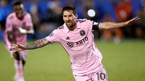 Aug 6, 2023; Frisco, TX, USA; Inter Miami CF forward Lionel Messi (10) reacts after scoring in the second half against FC Dallas at Toyota Stadium. Mandatory Credit: Tim Heitman-USA TODAY Sports     TPX IMAGES OF THE DAY