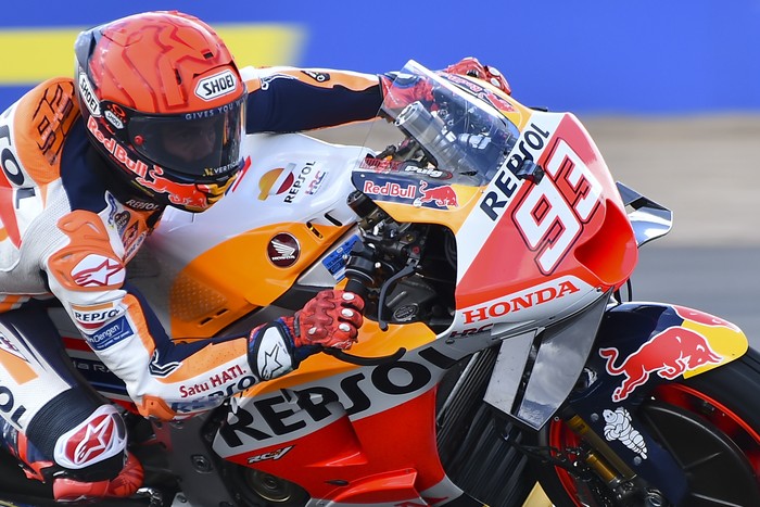 Spains rider Marc Marquez of the Repsol Honda Team steers his motorcycle during the warm up for the British Motorcycle Grand Prix at the Silverstone racetrack, in Silverstone, England, Sunday, Aug. 6, 2023. (AP Photo/Rui Vieira)