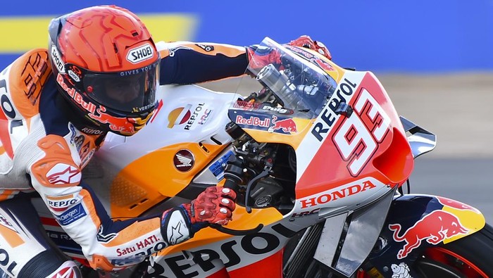 Spains rider Marc Marquez of the Repsol Honda Team steers his motorcycle during the warm up for the British Motorcycle Grand Prix at the Silverstone racetrack, in Silverstone, England, Sunday, Aug. 6, 2023. (AP Photo/Rui Vieira)