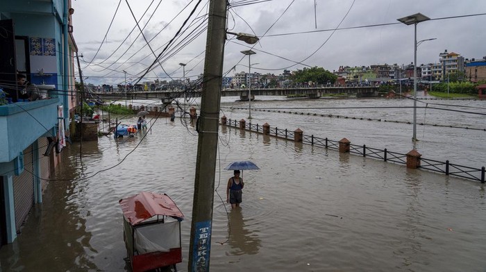 People collect vegetable from water after heavy monsoon rains flooded a vegetable market in Kathmandu, Nepal, Tuesday, Aug. 8, 2023. (AP Photo/Niranjan Shrestha)