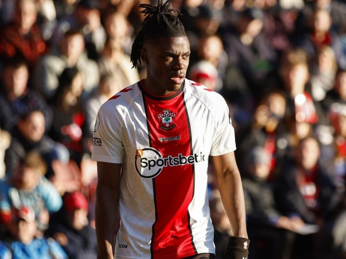 Southamptons Romeo Lavia in action during the English Premier League soccer match between Southampton and Aston Villa at St Marys Stadium in Southampton, England, Saturday, Jan. 21, 2023. (AP Photo/David Cliff)